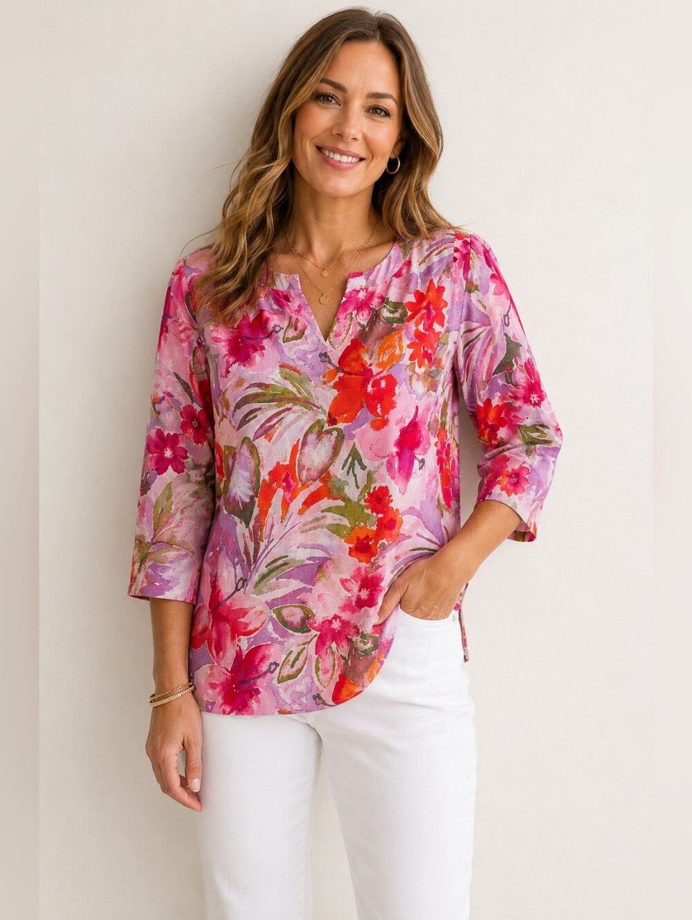 Tommy Bahama Pink Floral Cotton Silk Blend 3/4 Sleeve Top Size Small